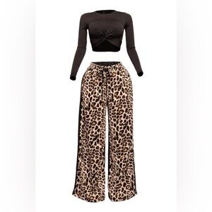 Crop Long Sleeve Leopard Wide Leg Set - Black